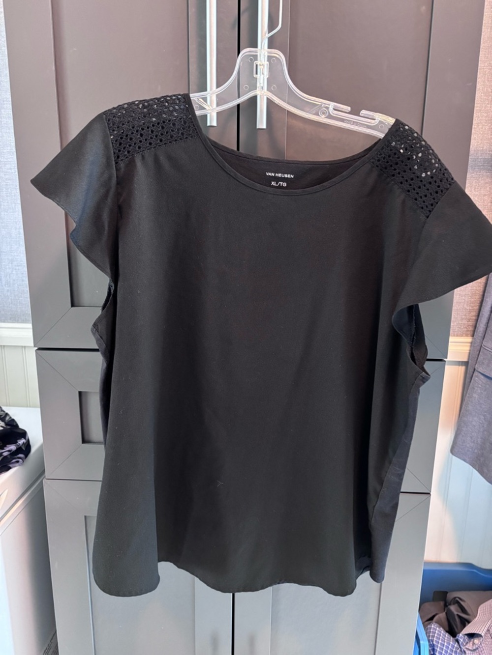 Van Heusen Black Flutter Sleeve Crochet Shoulder Top